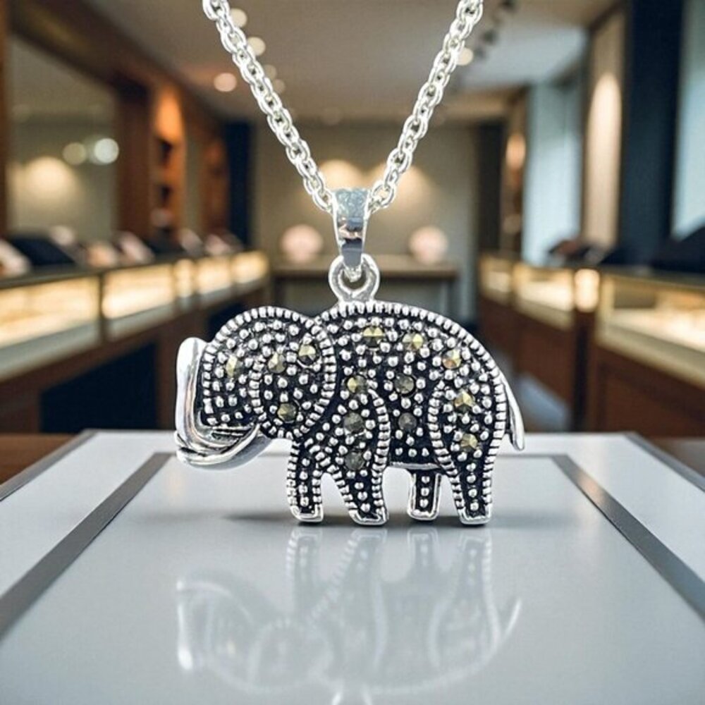 Swarovski Marcasite Elephant Necklace Silver Boho Spiritual Safari Earthy Gift